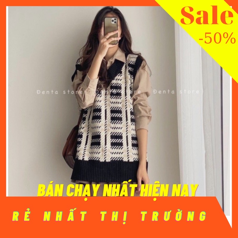 Áo gile len kẻ caro di chéo dáng rộng Oversize-110AG2- Đenta shop