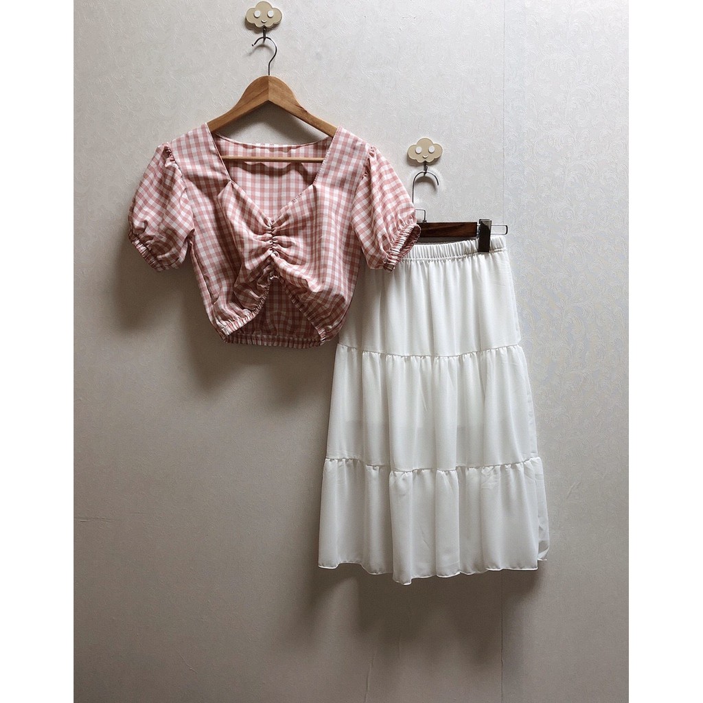 Set xinh áo carro nhúm ngực chân váy voan 3 tầng ảnh thật