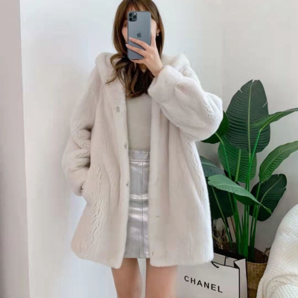 Áo khoác lông chồn giả dáng rộng dài trung bình có mũ trùm đầu thời trang thu đông phong cách Hàn Quốc cho nữ