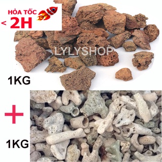 Combo ĐÁ NHAM THẠCH (1kg) + SAN HÔ VỤN (1KG) vật liệu lọc, trang trí bể cá
