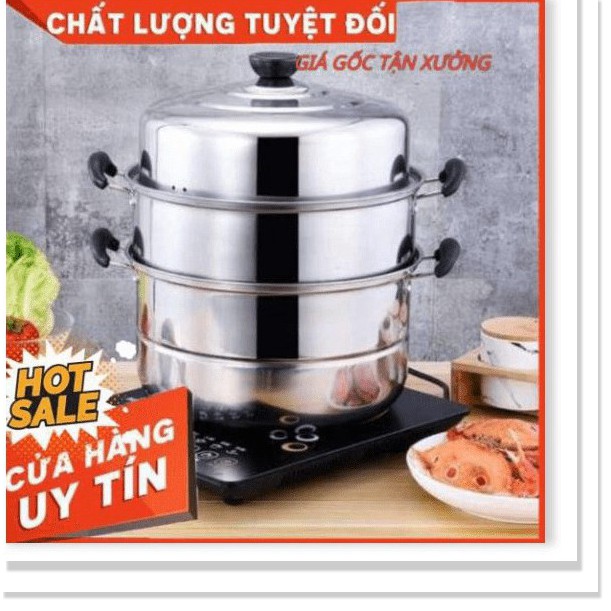 Nồi hấp xửng hấp 3 tầng hấp gà xôi bánh bao chất liệu inox cao cấp size 28cm dùng được bếp từ