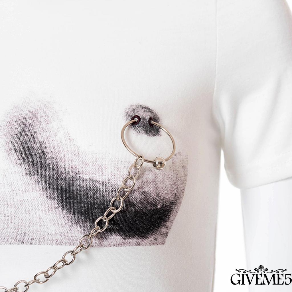 Áo Croptop Tay Ngắn Cổ Tròn Có Dây Xích Kim Loại Quyến Rũ Dành Cho Nữ