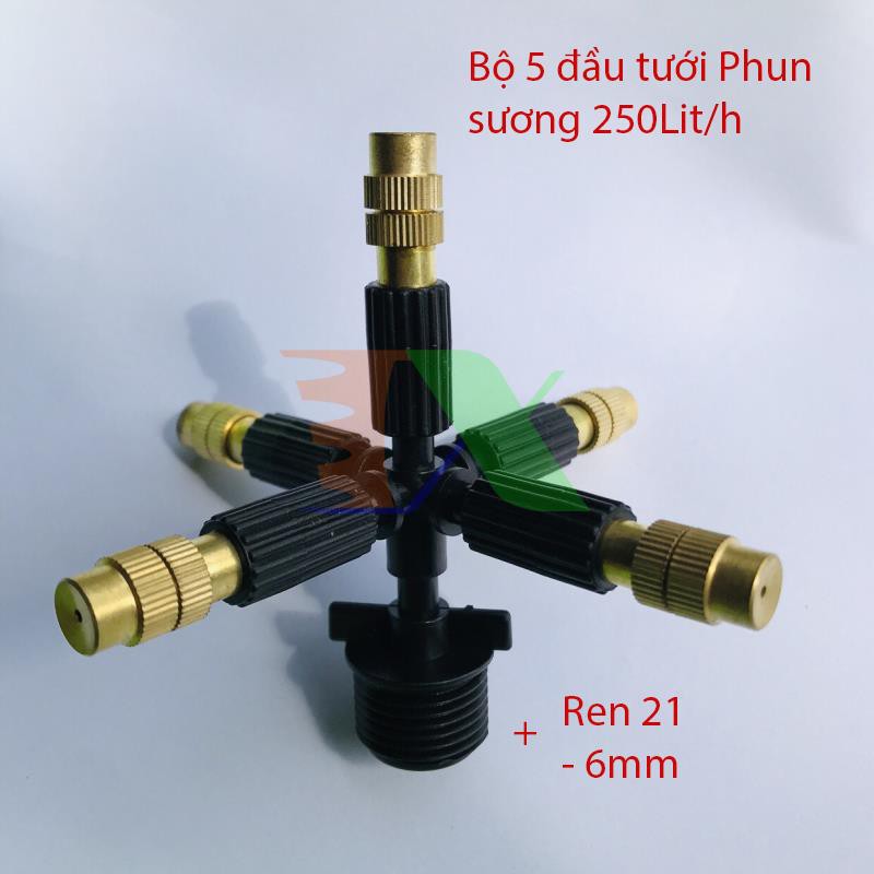 Bộ 5 đầu tưới Phun sương bằng đồng 250Lit/h + Khởi thủy ren 21