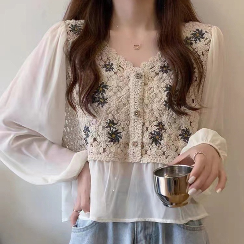 Áo Peplum Chiffon Cổ V Tay Phồng In Họa Tiết Hoa Cúc Xinh Xắn Thời Trang Cho Nữ