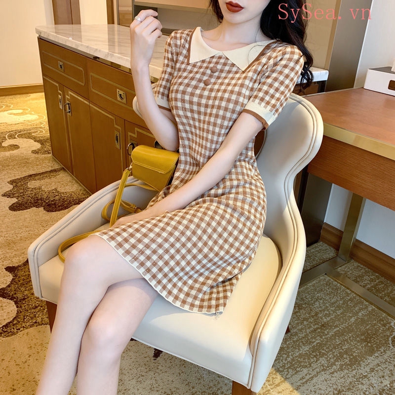 Đầm Dệt Kim Nữ Tay Ngắn Màu Cam Phong Cách Hàn Quốc