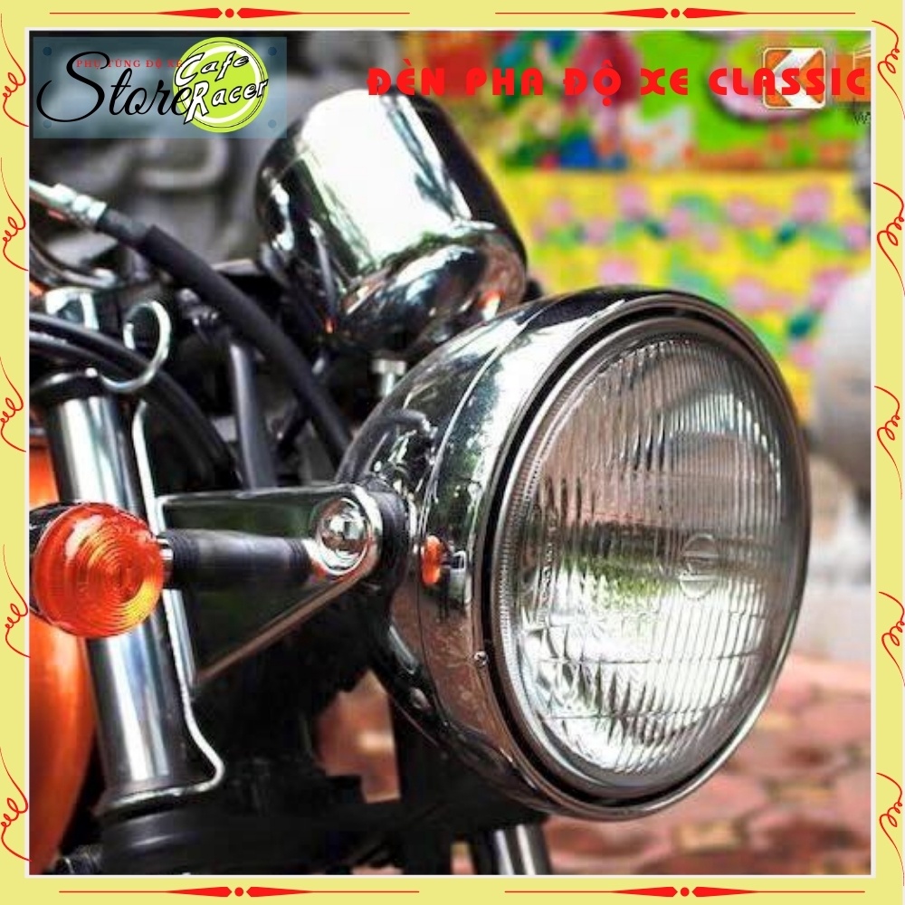 Đèn pha xe máy Cafe Racer kèm pat bắt vào phuộc , mặt kính , gáo mạ inox cao cấp