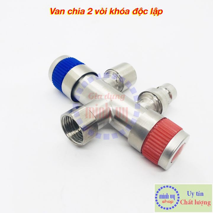 Van Nước 2 cổng xả có điều khiển (xanh-đỏ) riêng biệt dạng vòi chia nước - đầu ra 21mm Inox SUS304