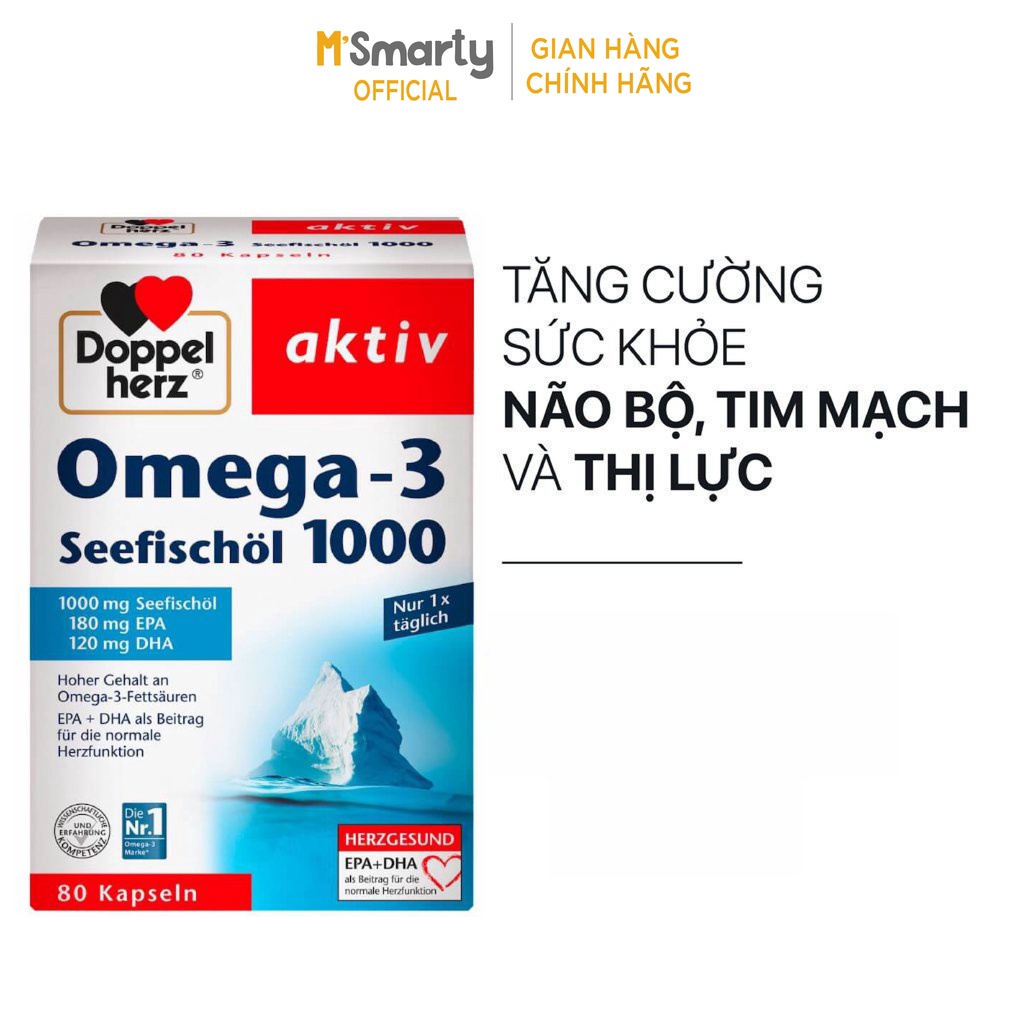 [M'SMARTY] - Bổ Sung Omega 3 DHA EPA - Aktiv Omega 1000mg - DoppelHerz Hộp 80 Viên Từ Dầu Cá Biển