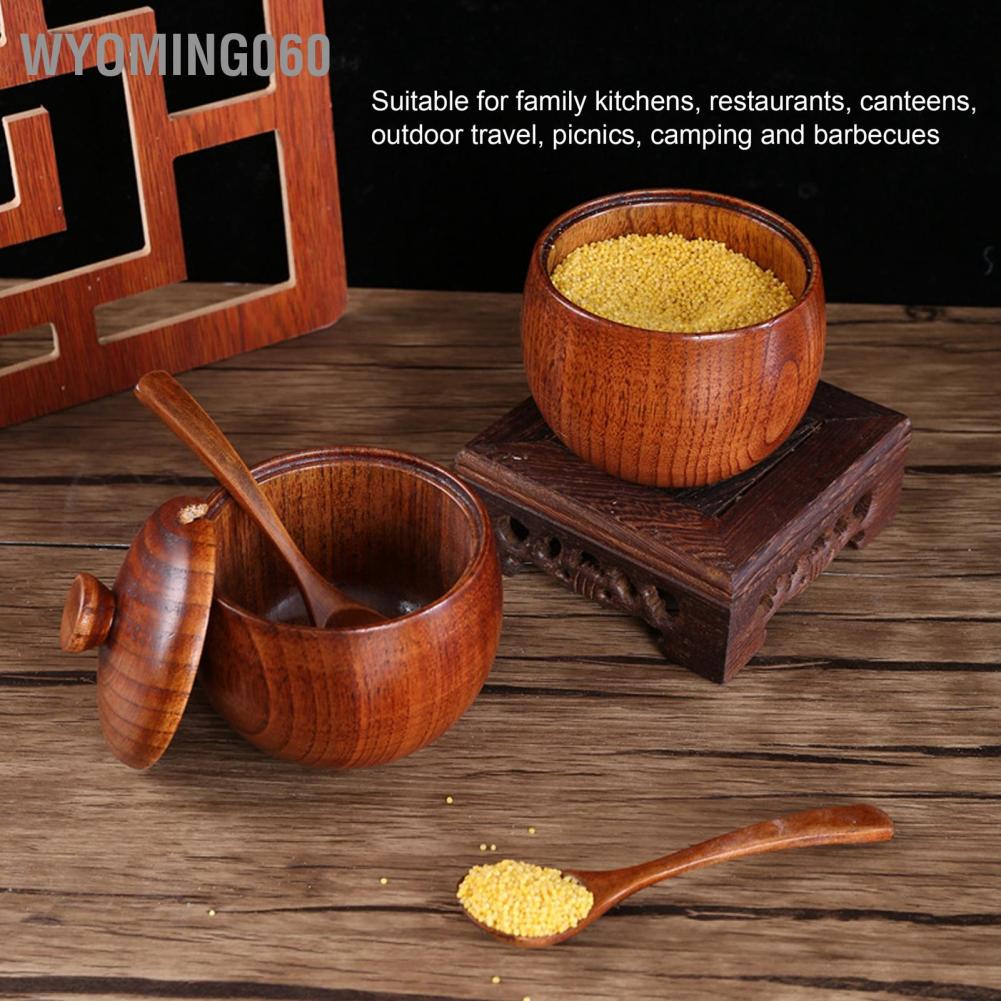 Wyoming060 Wood Spice Pot Sugar Bowl Salt Pepper Seasoning Box with Spoon and Lid Kit