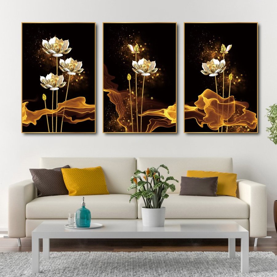 Bộ 3 tấm tranh treo tường canvas Lala Hoa Bạch Liên Tỏa Sáng trang trí phòng khách siêu đẹp kèm đinh 3 chân đa năng