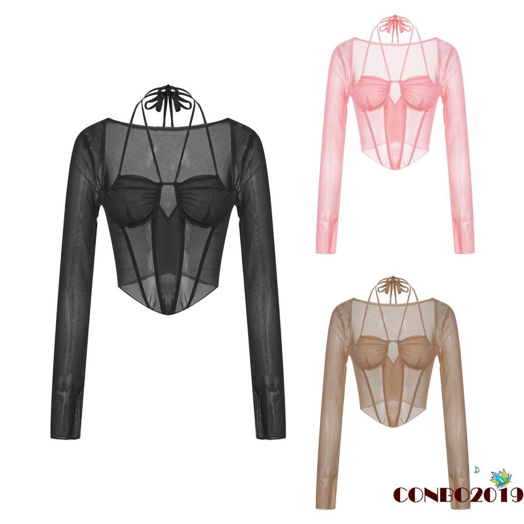Áo Croptop Tay Dài Phối Lưới Cổ Khoét Sâu Nhiều Dây Màu Sắc Thời Trang Quyến Rũ Cho Nữ