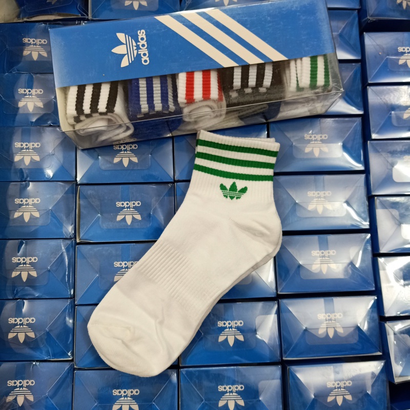 Tất Adidas Cổ Trung Nam Nữ Cao Cấp 3 Sọc Logo 3 Lá Hộp 5 Đôi Nhiều Màu