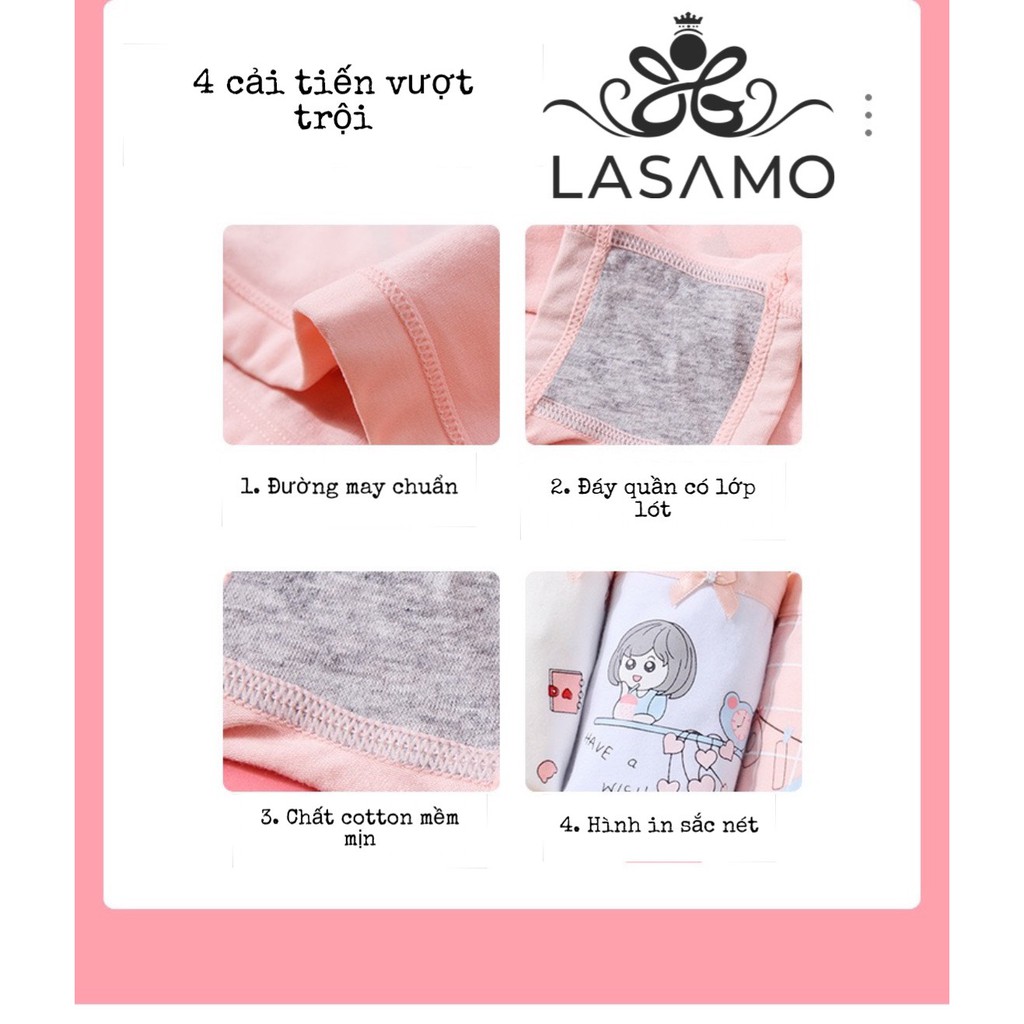 Set 4 chiếc quần chip bé gái, quần lót cho bé gái cotton cao cấp họa tiết Trái tim dễ thương hãng LASAMO mã QLB002