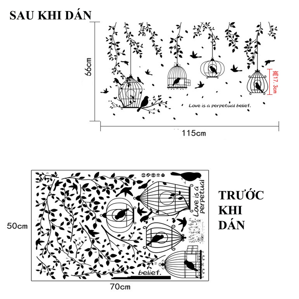 Decan dán tường, decan trang trí phòng hình lồng chim đen sang trọng SK7130