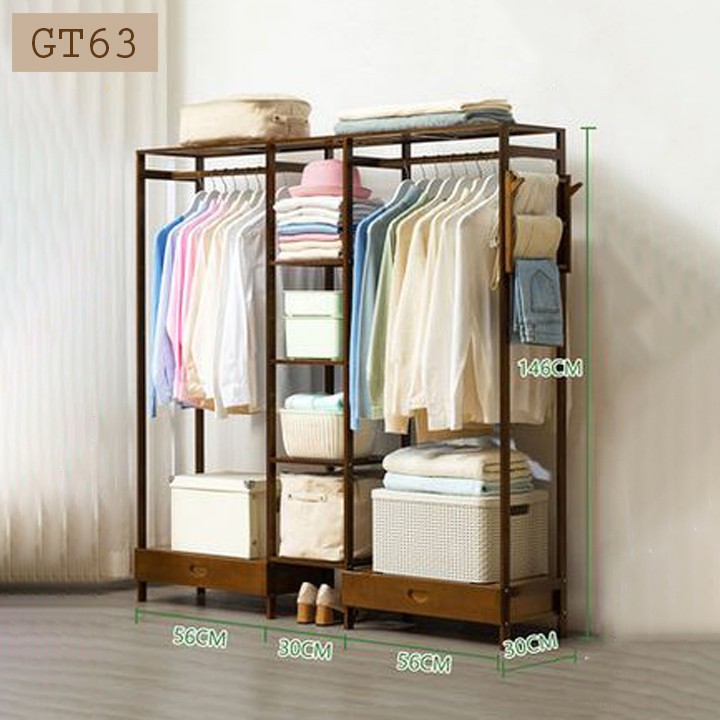 Giá kệ treo quần áo đa năng có kệ đề đồ và ngăn kéo bằng gỗ GT63
