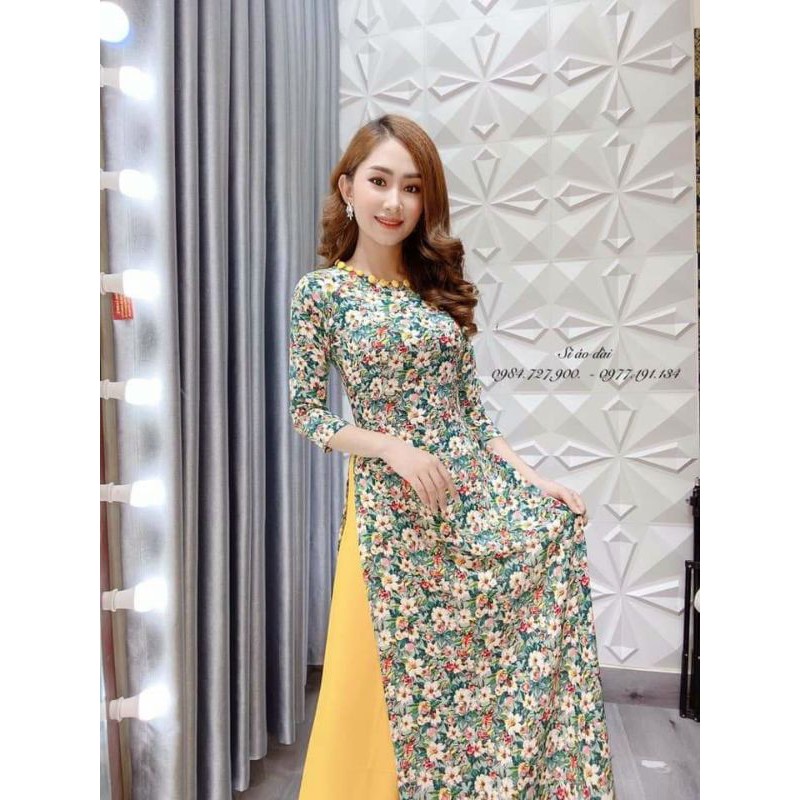 Áo dài hoa nhí bọc cúc lụa hàn châu đẹp mê