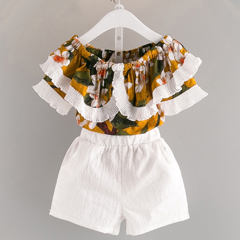 BEAR LEADER Bộ Áo Tay Ngắn Họa Tiết Hoa + Quần Ngắn Màu Trắng Thời Trang Mùa Hè Xinh Xắn Cho Bé Gái