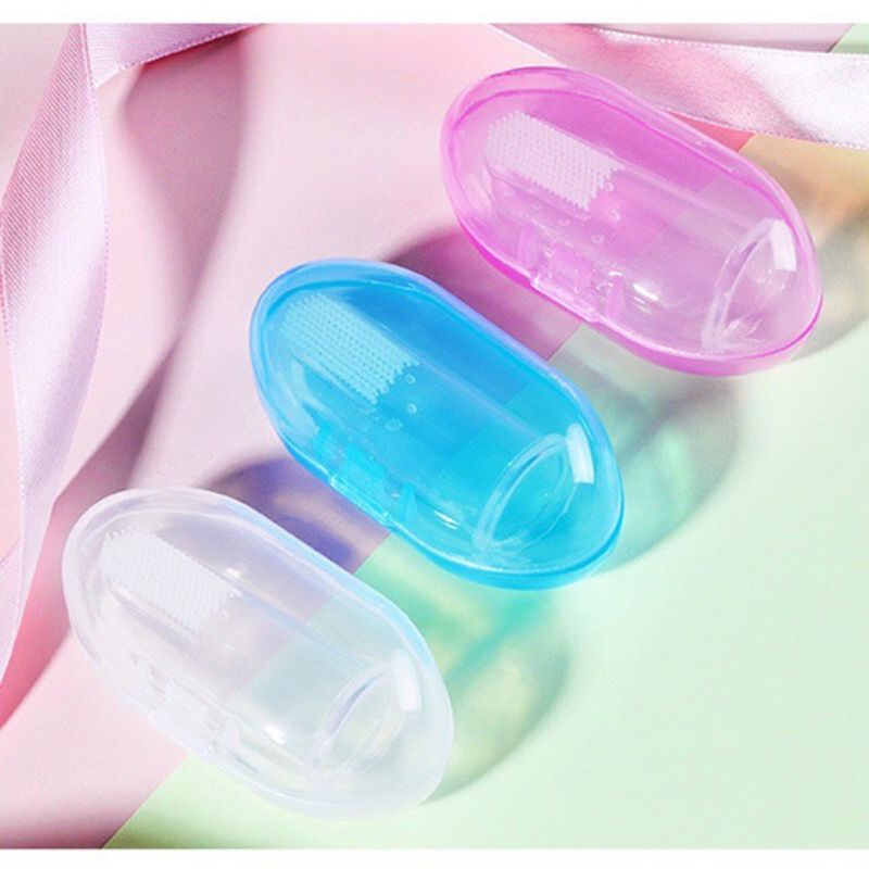 Rơ lưỡi xỏ ngón silicone siêu mềm kèm hộp đựng, Đánh răng silicon cho bé