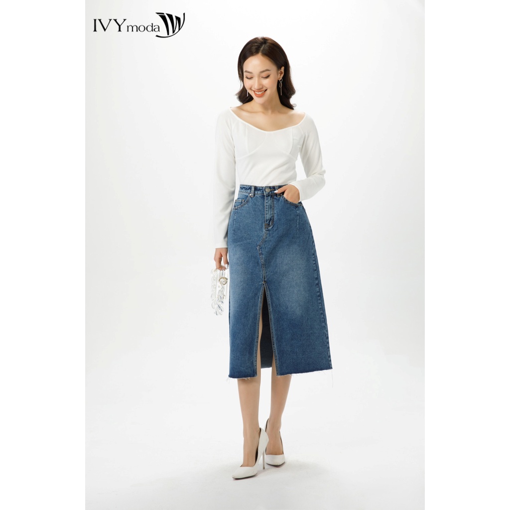 Chân váy bò chữ A xẻ trước IVY moda MS 32B8851