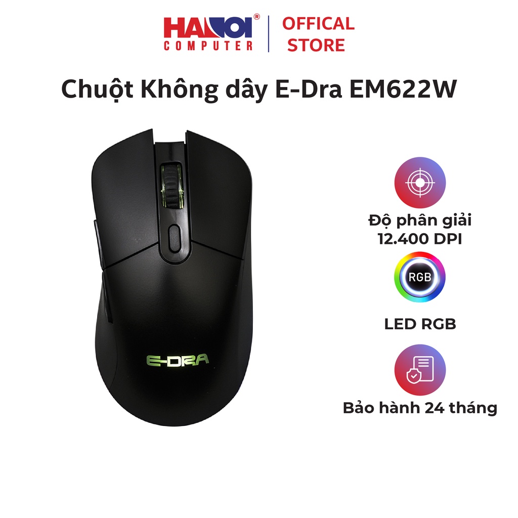 Chuột Không dây E-Dra EM622W Đen độ phân giải 12400 DPI, led RGB 16.8 triệu màu với nhiều hiệu ứng