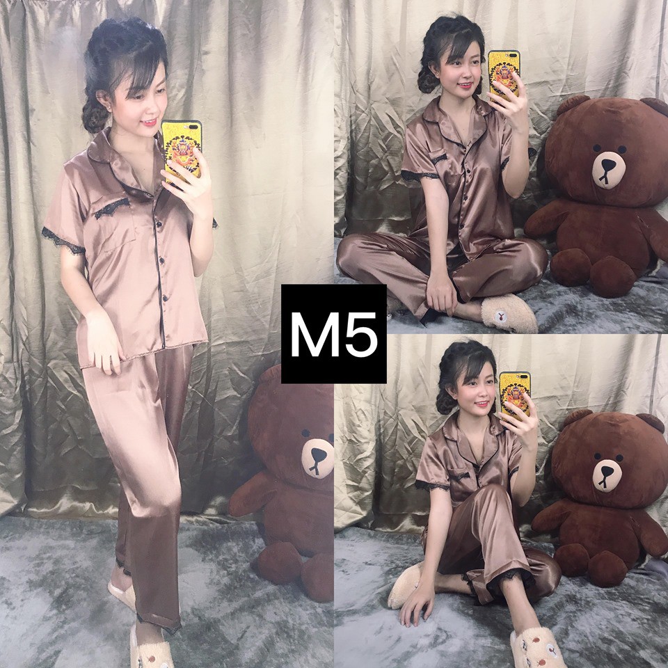 Set Đồ Bộ Ngủ Nữ Pijama Phi Lụa Phối Ren Tay Ngắn Quần Dài Siêu Sang_ Kèm Hình Thật