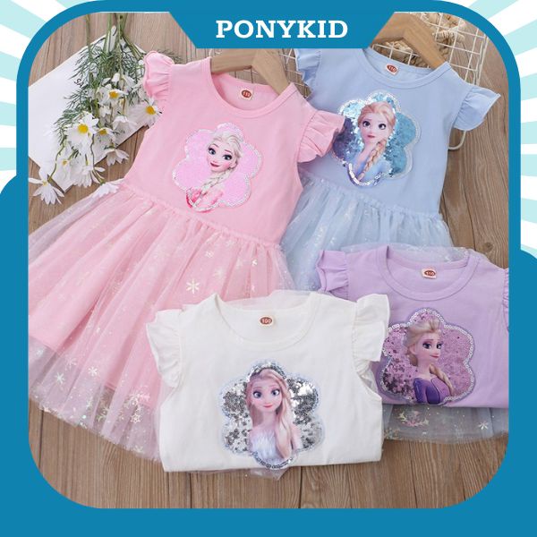 Váy mẫu cánh tiên chất cotton in hình công chúa Elsa lấp lánh cho bé gái