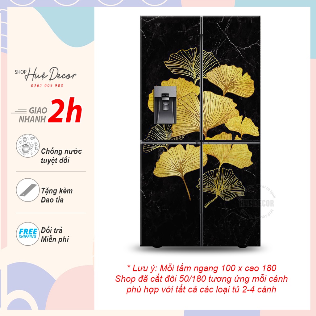 Decal dán tủ lạnh 2 cánh, 4 cánh lá vàng trên nền vân đá hue decor, chống nước siêu bền, chất lượng, giá rẻ