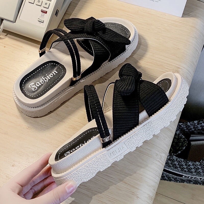 DÉP QUAI NỮ ĐỘN ĐẾ BÁNH MÌ -SANDAL DÂY CHỈNH NƠ XOẮN