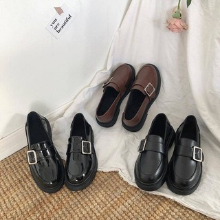 ❤❤Giày búp bê đế bằng mũi tròn phối khóa phong cách retro