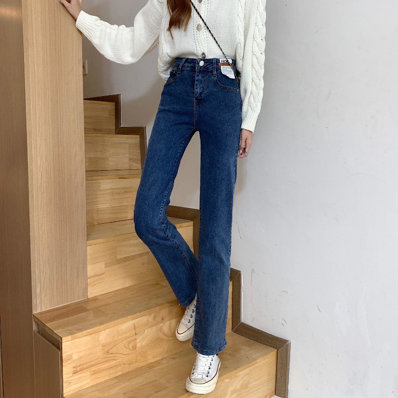 Quần Jeans Lưng Cao Ống Đứng Màu Xanh Dương Phong Cách Hàn Quốc Thời Trang Mùa Thu Cho Nữ 2021