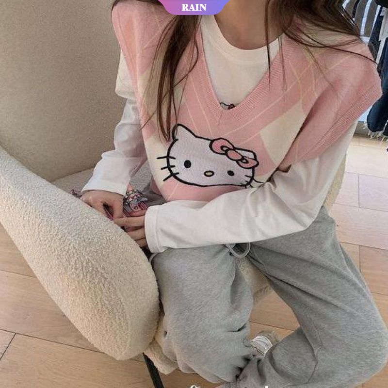 Anime Sanrio Áo Ghi Lê Dệt Kim Ấm Áp Phối Màu Tương Phản Hình Mèo Hello Kitty Phong Cách Trường Học Trẻ Trung Cho Nữ [Srain]