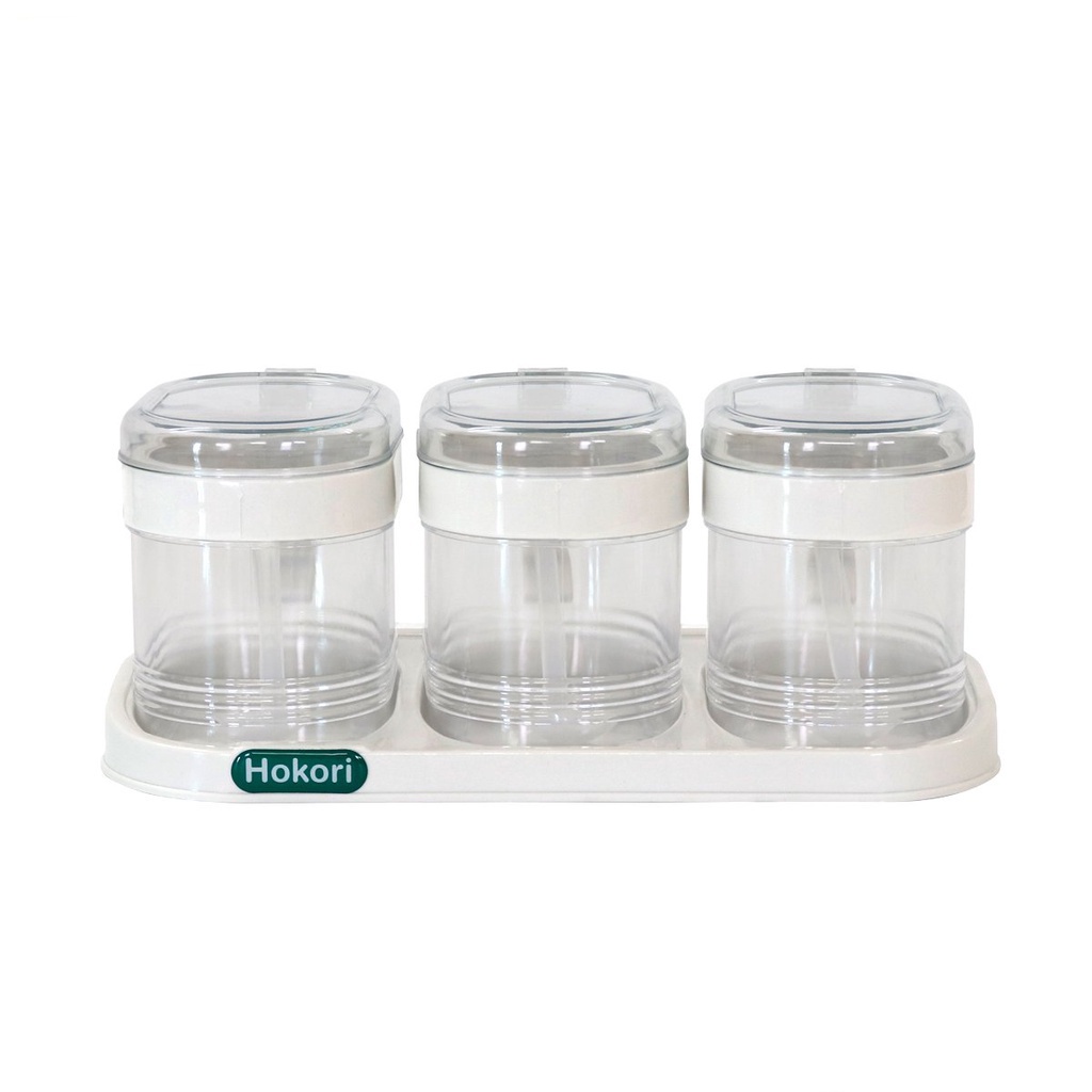 SET 3 hũ gia vị cao cấp Hokori Việt Nhật 2936 có quai cầm và nắp đậy tặng kèm khay đựng (HGV03)