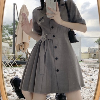 Váy sơ mi dáng xoè cổ bẻ dạng blazer có thắt eo