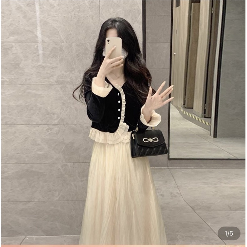 Set Áo Nhung Đen Mix Chân Váy Tơ 2 Lớp