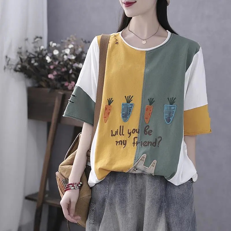Áo Thun Cotton Nguyên Chất Dáng Rộng Tay Ngắn Cổ Tròn In Họa Tiết Màu Sắc Thời Trang Mùa Hè Phong Cách Hàn Quốc Cho Nữ C8581