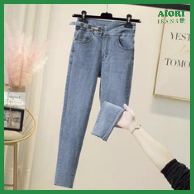 Quần Jean Nữ Aiori Lưng Cao Skinny Jeans Quần Bò Nữ Cạp Cao Dáng Ôm Dài Lưng Khoen Kiểu Thời Trang