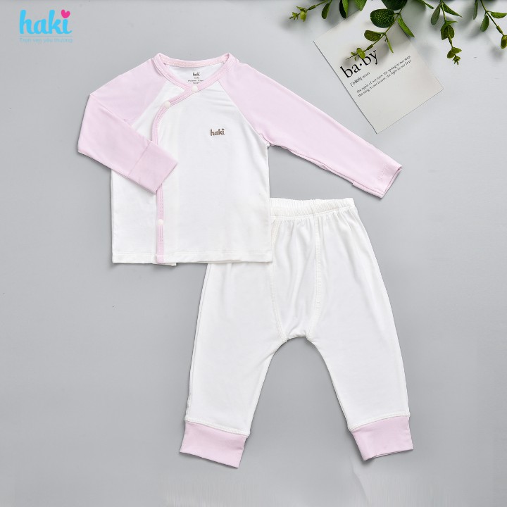 Bộ quần áo sơ sinh cài chéo, tay raglan phối màu cho bé vải sợi tre siêu mềm mịn cao cấp HAKI BB036