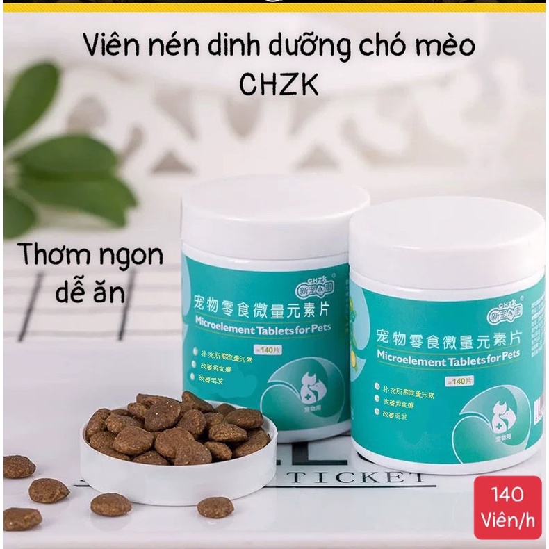 Vitamin cho chó mèo CHZK bổ xung nguyên tố vi lượng cần thiết cho thú cưng dạng hạt kẹo thơm dâu tây - hộp 140 viên