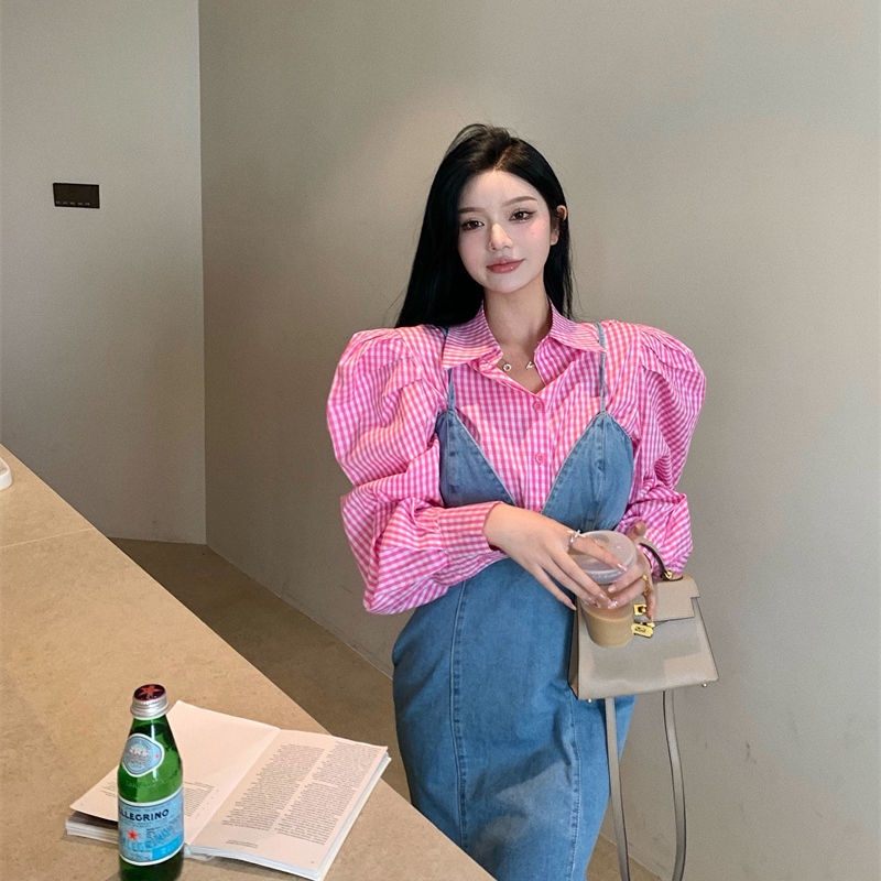 Summer 2022 online celebrity new women's suit long-sleeved plaid shirt + denim strap fishtail skirt two sets of fashion