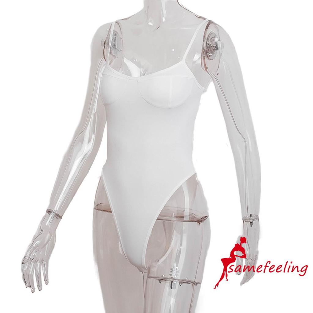 SF♫Women´s Sexy Sleeveless Bodysuit Solid Color Italian Strap Low Chest Slim White Jumpsuit