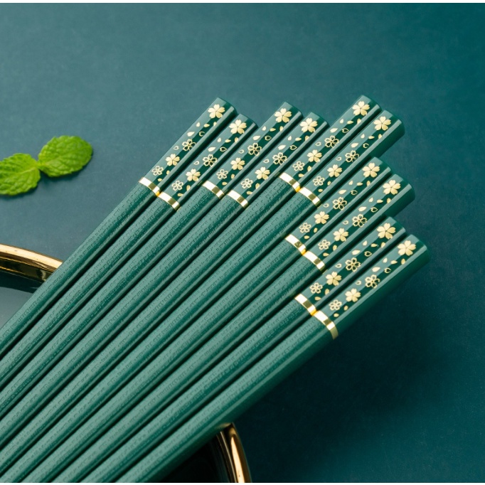 Bộ 5 đôi đũa xanh rêu lá và hoa đơn giản sang trọng T08