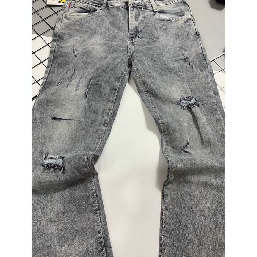 Quần jean nam dài, quần bò nam Dabass màu xám nhạt phối rách chất co dãn thoải mái hàng y hình