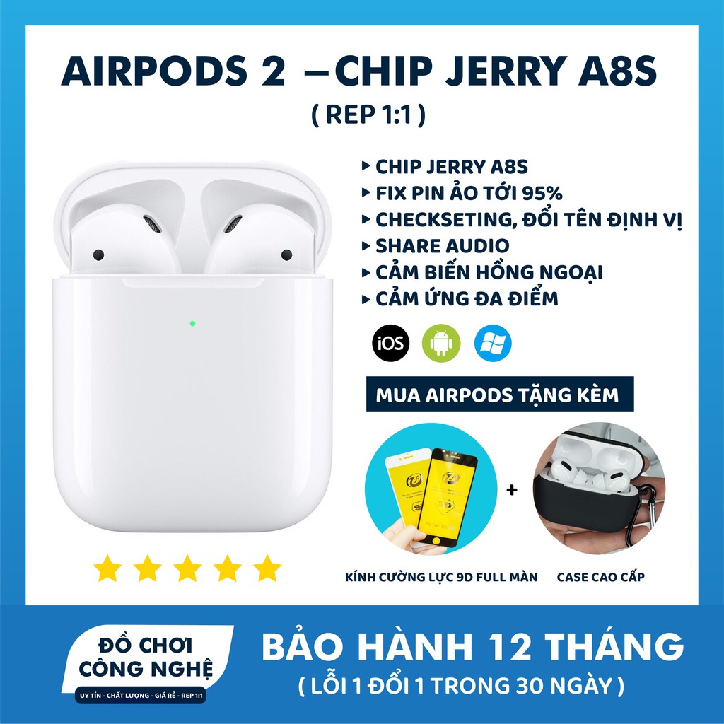 Tai Nghe Bluetooth Airpods 2  chip Jerry Full Chức Năng Đổi Tên ,Định Vị ,Sạc Không Dây,Bảo Hành 12 Tháng, Rep 1:1