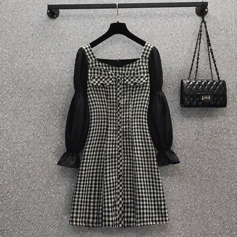 D87 - Đầm Bigsize Vải Tweed Cổ Rộng Phối Tay Đen