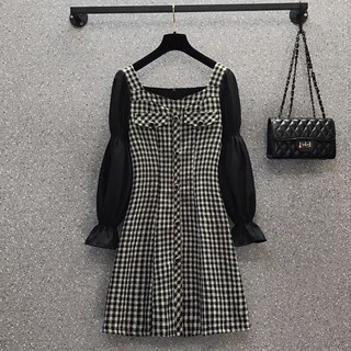 D87 - Đầm Bigsize Vải Tweed Cổ Rộng Phối Tay Đen