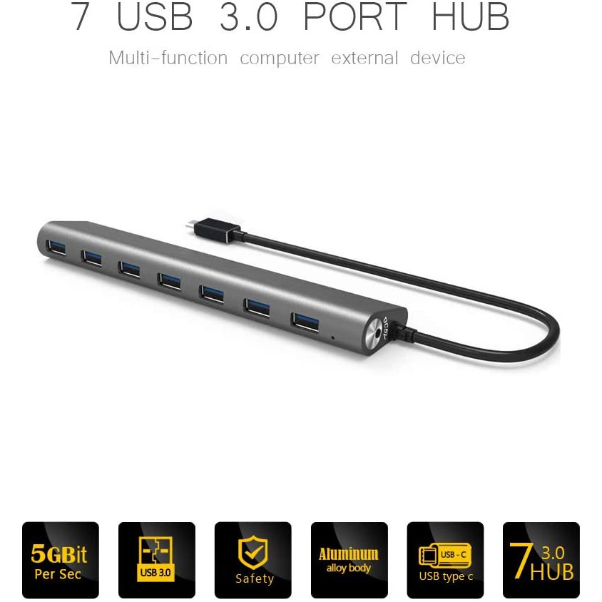 Hub Usb 7p 3.0 Wavlink WL UH 3075C cổng type C , Bộ chia từ cổng USB Type C sang 7 cổng USB 3.0 có nguồn adapter