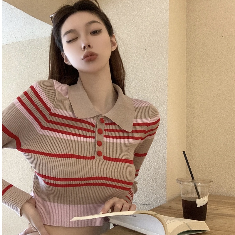 【ZHELIHANGFEI】Áo dệt kim dệt kim dệt kim POLO cổ dài tên gió cao gợi cảm