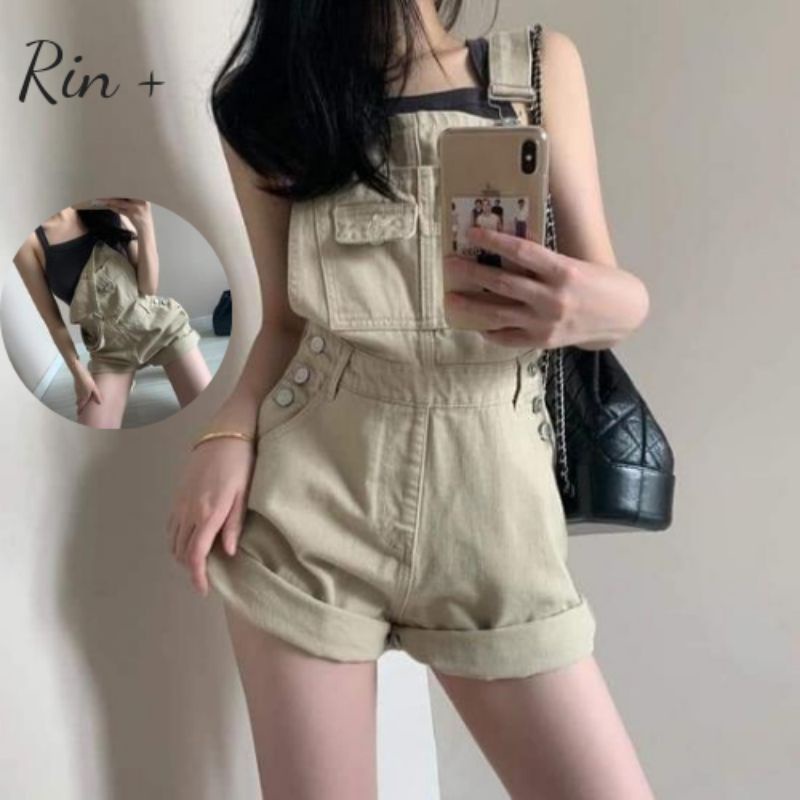 Quần yếm cạp cao Denim phong cách cổ điển
