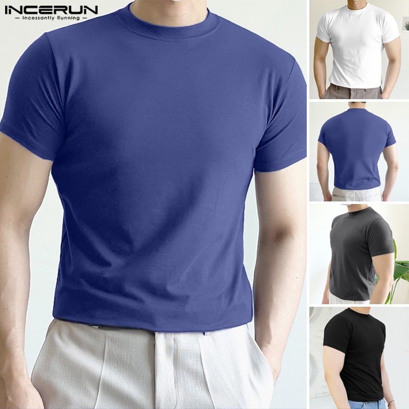 Áo thun INCERUN tay ngắn cổ tròn màu trơn thiết kế đơn giản thời trang cho nam