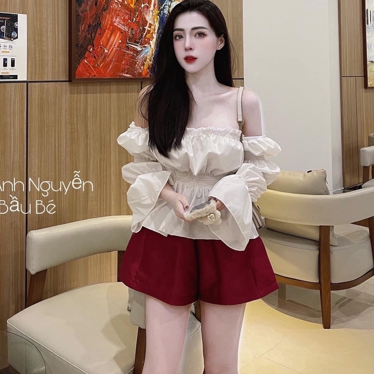 Set áo trễ vai trắng phối short đỏ - Combo Áo hở ngực bo tay bồng tôn dáng tiểu thư kềm quần đùi ống rộng nữ